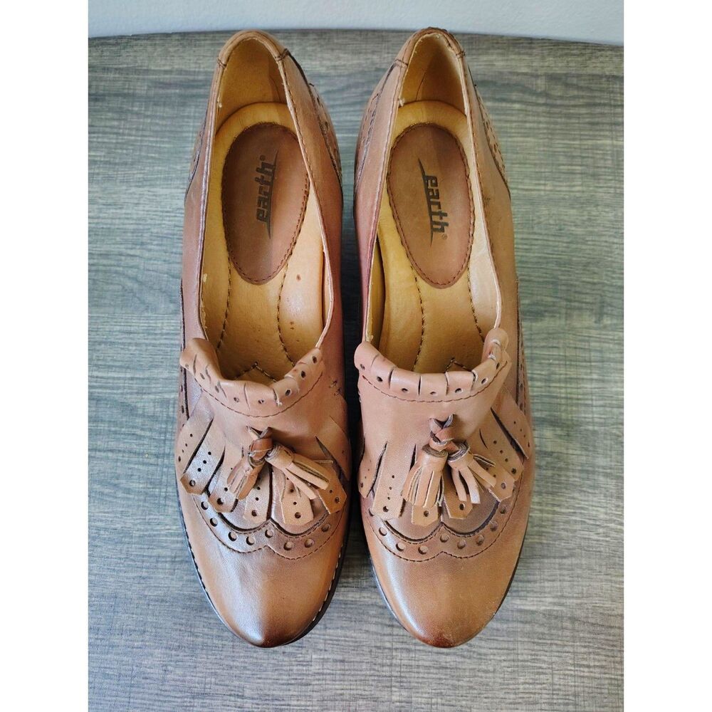 Earth Sundowner Cinnamon Leather Kiltie Tassel Block Heel Dress Shoes 9.5B - Picture 3 of 10